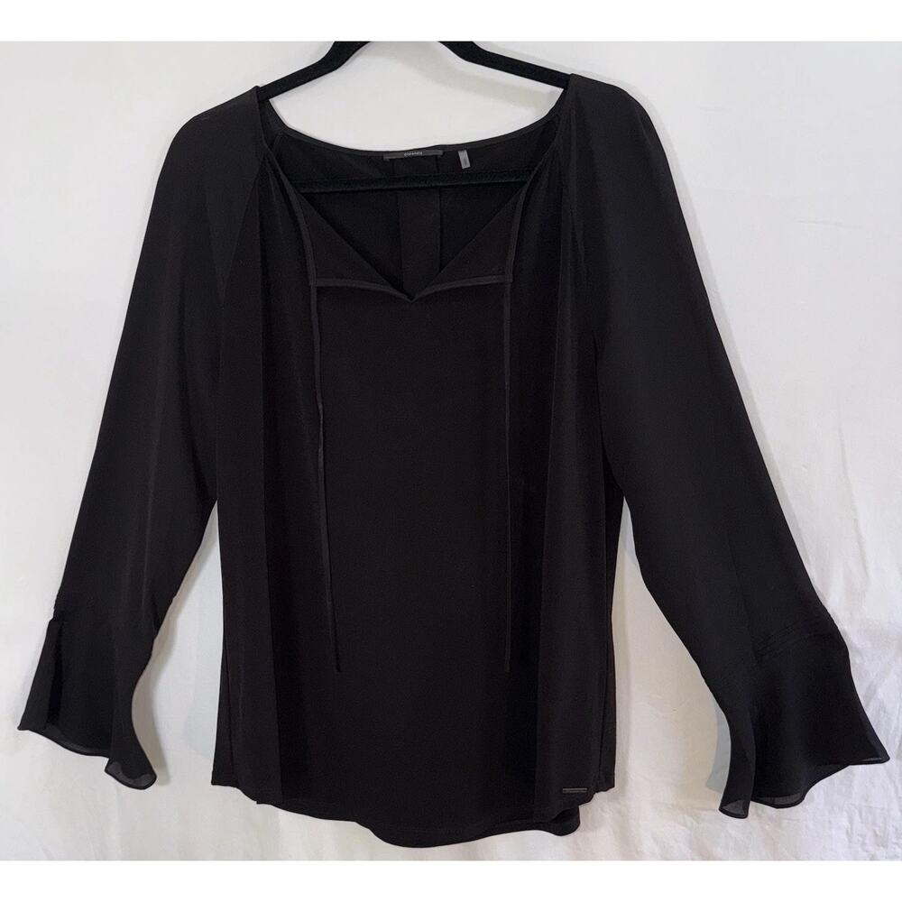 Tahari Black Flutter Sleeve V Neck Tunic Top Classic Chiffon Office Evening Sz L - Picture 4 of 11